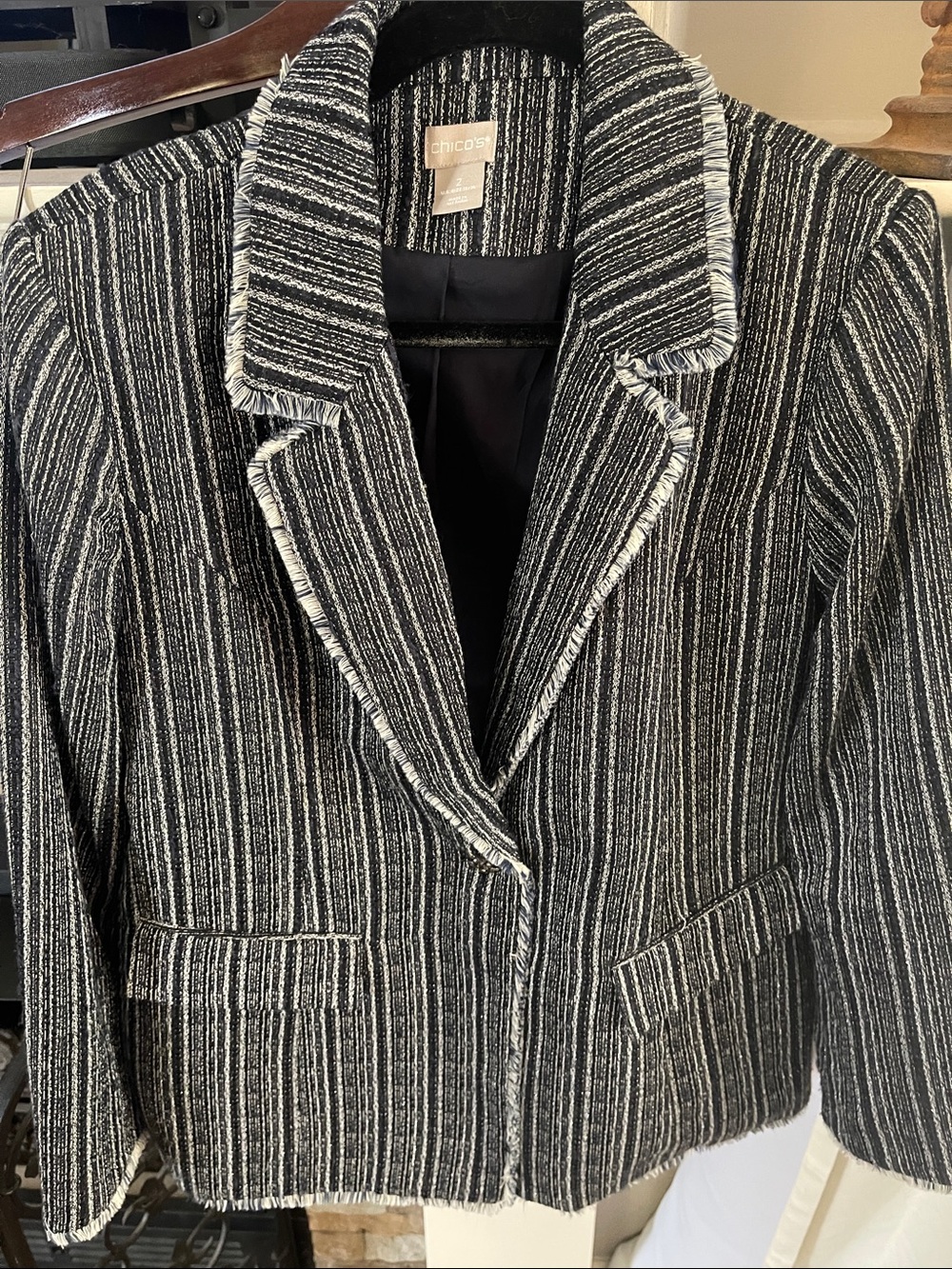 Chico's Navy and White Striped Fringe-Trim Blazer SZ 2 EUC